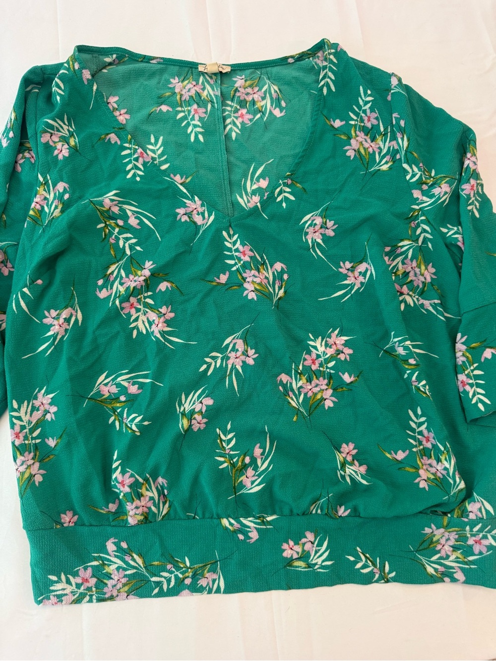 Lily White Teal Floral V-Neck Blouse with Pink Accents
